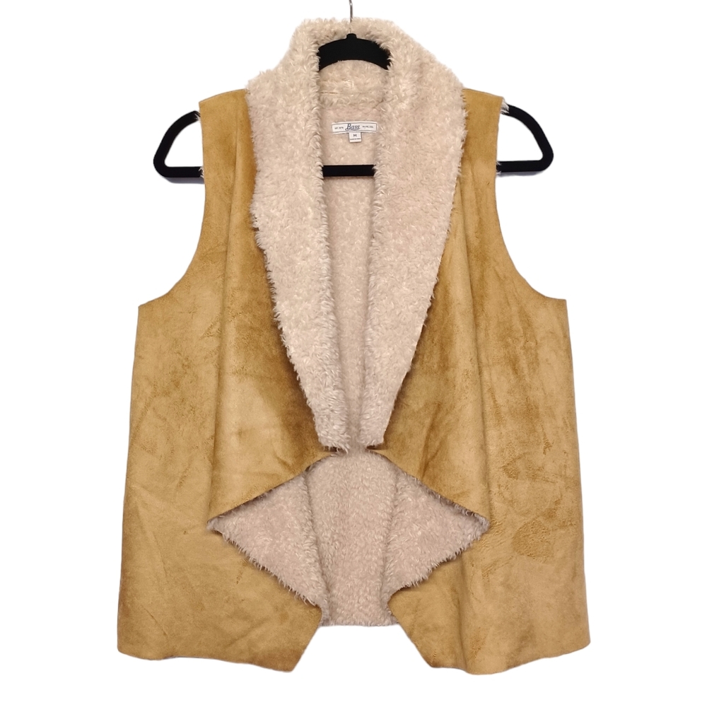 BASS Faux Suede Tan Brown Cream Faux Fur Lined Sleeveless Cardigan Shawl M